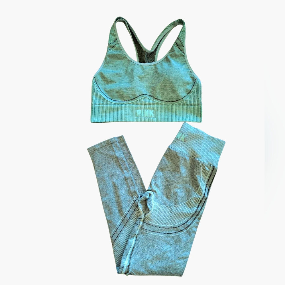 PINK Victoria's Secret Aqua Sports Bra and Leggings Set With Black Stripe Accent